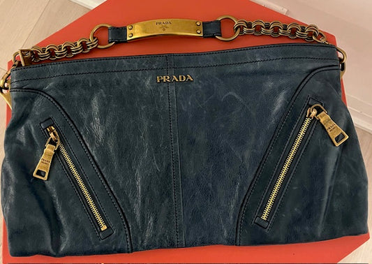 Vintage PRADA Blue Leather Shoulder Bag Clutch