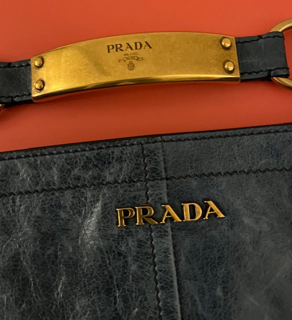 Vintage PRADA Blue Leather Shoulder Bag Clutch