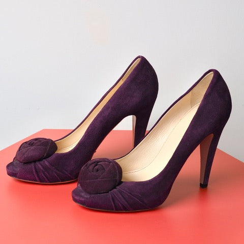 PRADA Purple Suede Peep Toe High Heels