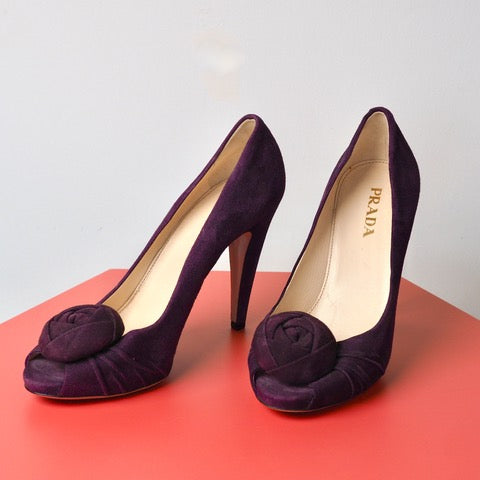 PRADA Purple Suede Peep Toe High Heels