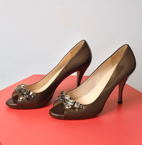 PRADA Taupe Patent Leather Peep Toe  High Heel