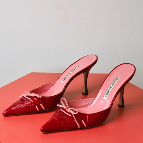 MANOLO BLAHNIK Red Leather Mule with Pink Trim