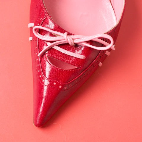 MANOLO BLAHNIK Red Leather Mule with Pink Trim