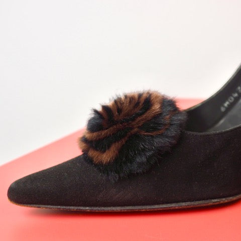 STUART WEITZMAN Black Suede Pumps with Fur Pom Pom