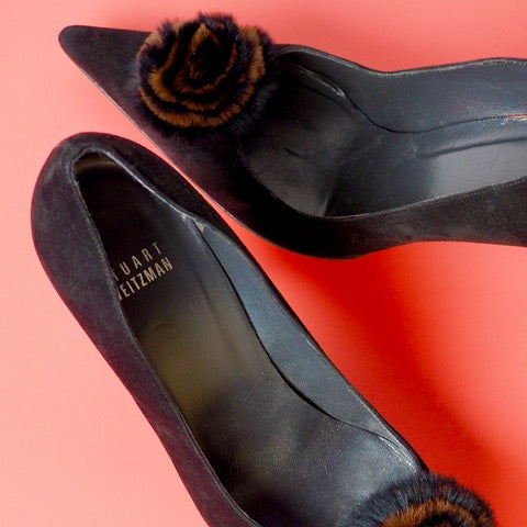 STUART WEITZMAN Black Suede Pumps with Fur Pom Pom