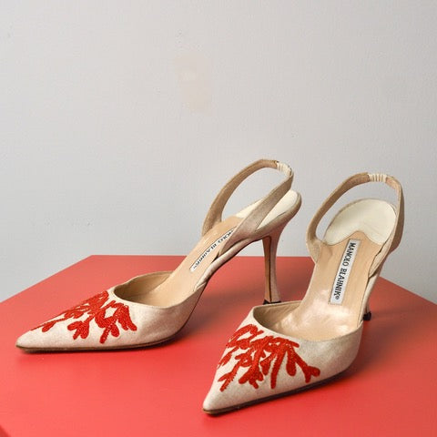 MANOLO BLAHNIK Carolyne Sling Back With Orange Embroidery